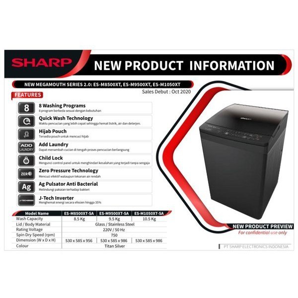 Sharp ES-M9500XT-SA Mesin Cuci 1 Tabung Top Loading J-Tech Inverter 9.5KG ESM9500XT ESM9500