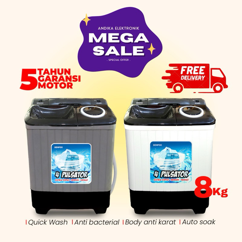 Mesin Cuci 8Kg 2 TABUNG Denpoo DW 8907 4PULSATOR 2 TABUNG