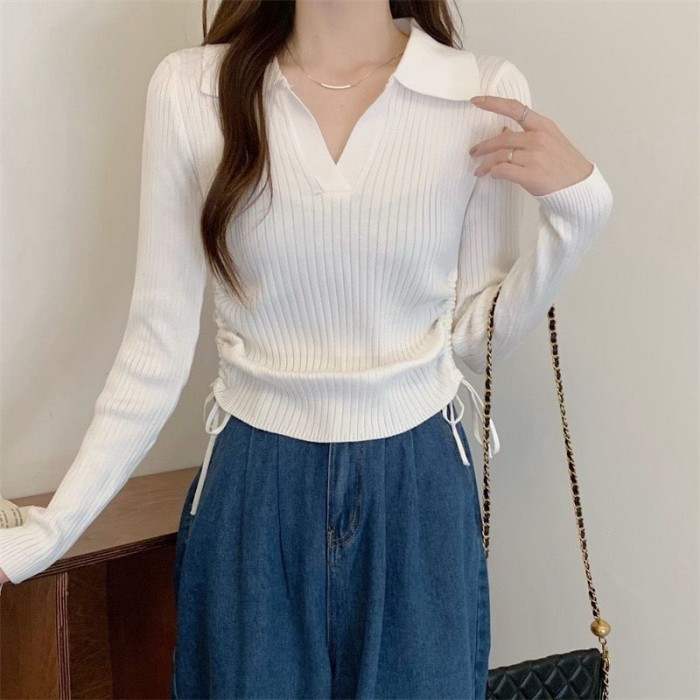 Atasan Kerah Polos Rajut Wanita Kaos berkerah Polo Vneck Tali Serut - Cream