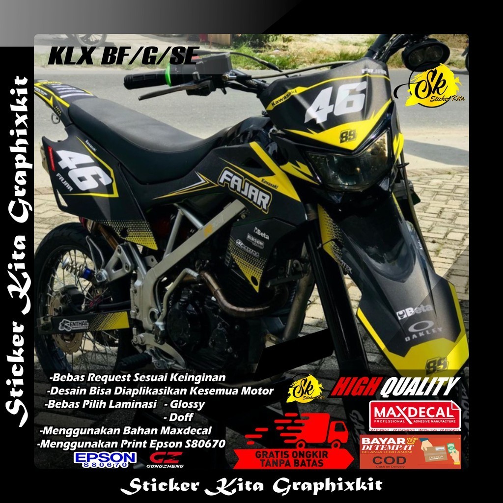 412 DECAL STICKER FULLBODY MOTOR KLX BF/G/SE SIMPEL HITAM LIST KUNING DOFF FREE COSTUM/REQUEST