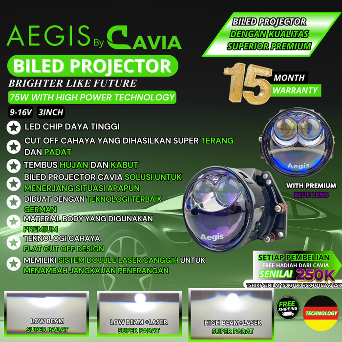 AEGIS BY CAVIA-PREMIUM LAMPU LED BILED PROJECTOR MOBIL PROJIE DOUBLE LASER 3 Inch 100/150W SUPER TER