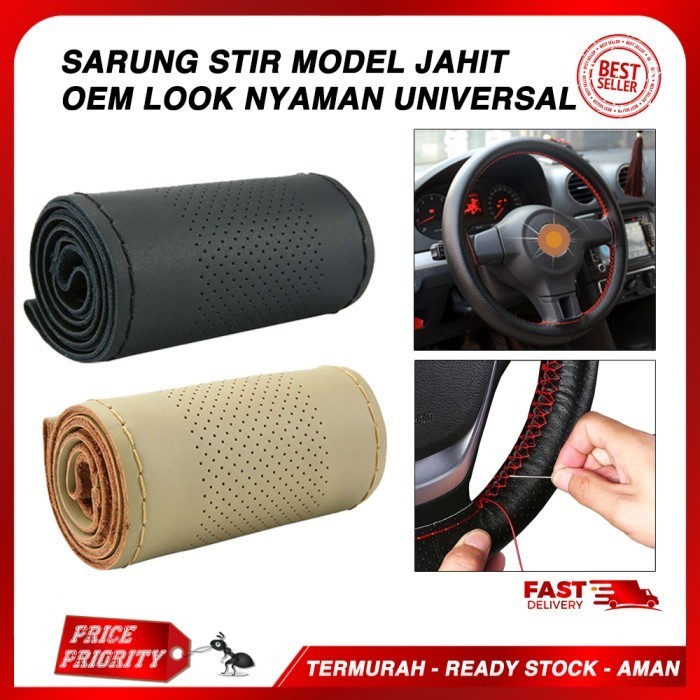 Sarung Stir Setir Mobil Jahit OEM Cover Setir Mobil Kulit UNIVERSAL - Black