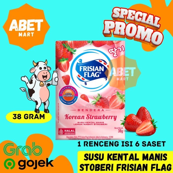 

Frisiang Flag Korean Strawberry Sachet 38gr 1 Renceng 6 Pcs - 38 Gr 6 Saset Stroberi Bendera Susu Kental Manis Pink SKM Pak Dus