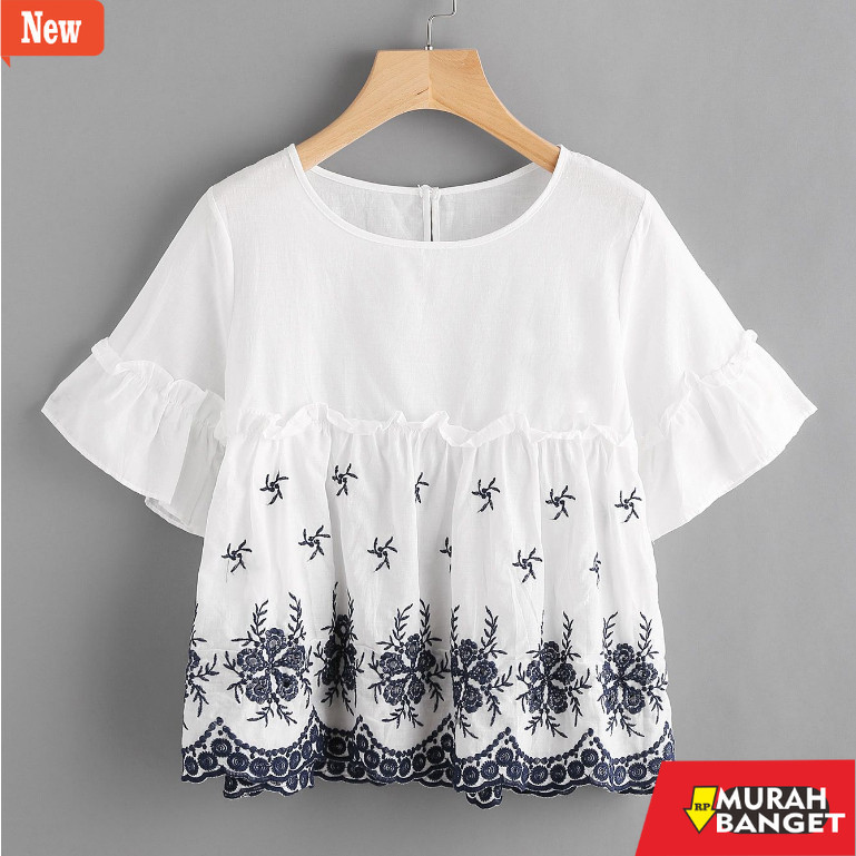 Blouse Wanita Kekinian Baju Atasan Pakaian Blouse Blus Putih jumbo Lengan Pendek Bordir