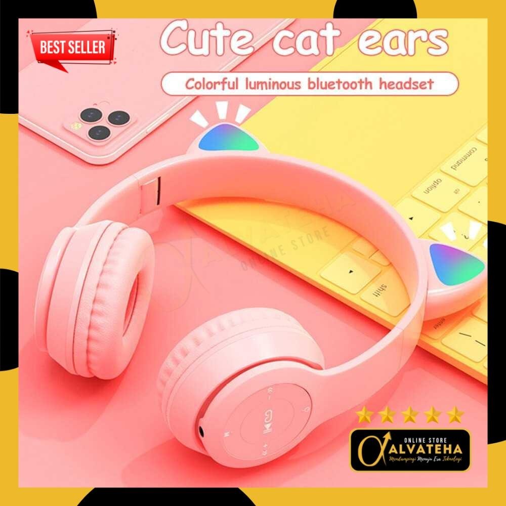Headset Wireless Bluetooth Headphone Telinga Kucing Cute Cat Ear P47M