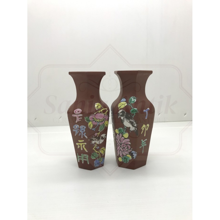 Barang Antik Vas Hexagonal China Enamel Yixing Red Clay Set