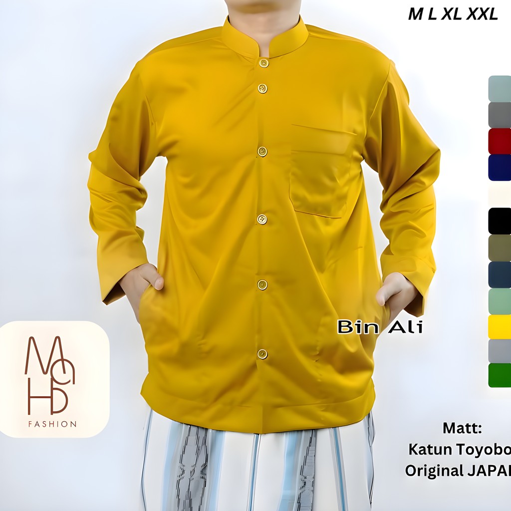 MF Baju Koko Haibah Exclusive Lengan Panjang Bahan Toyobo Saku Samping, Baju Muslim Pria - Kuning Mu