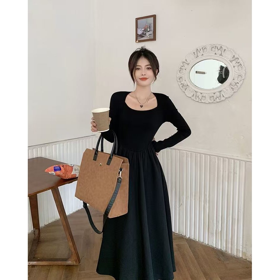 Gaun Panjang Lengan Panjang Siluet Jam Pasir ala Prancis dress korea dress korean dress fit body pan