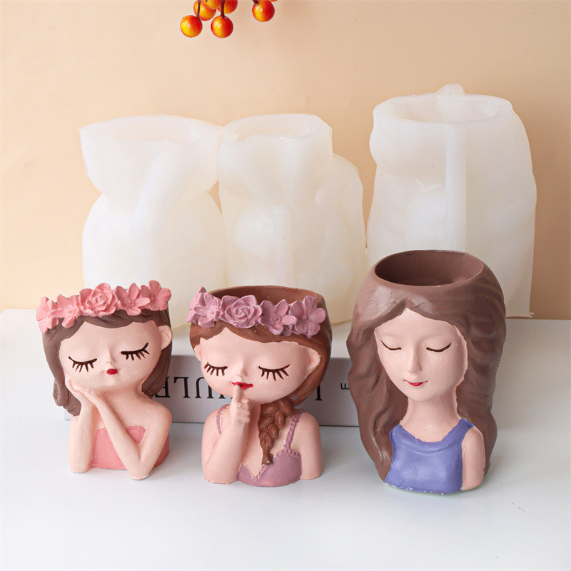 

Girl Doll Shaped Flower Pot Epoxy Mold New Cute Pen Holder Candle Holder DIY Cement Pot Planter Resin Silicone Mould Vase Mold
