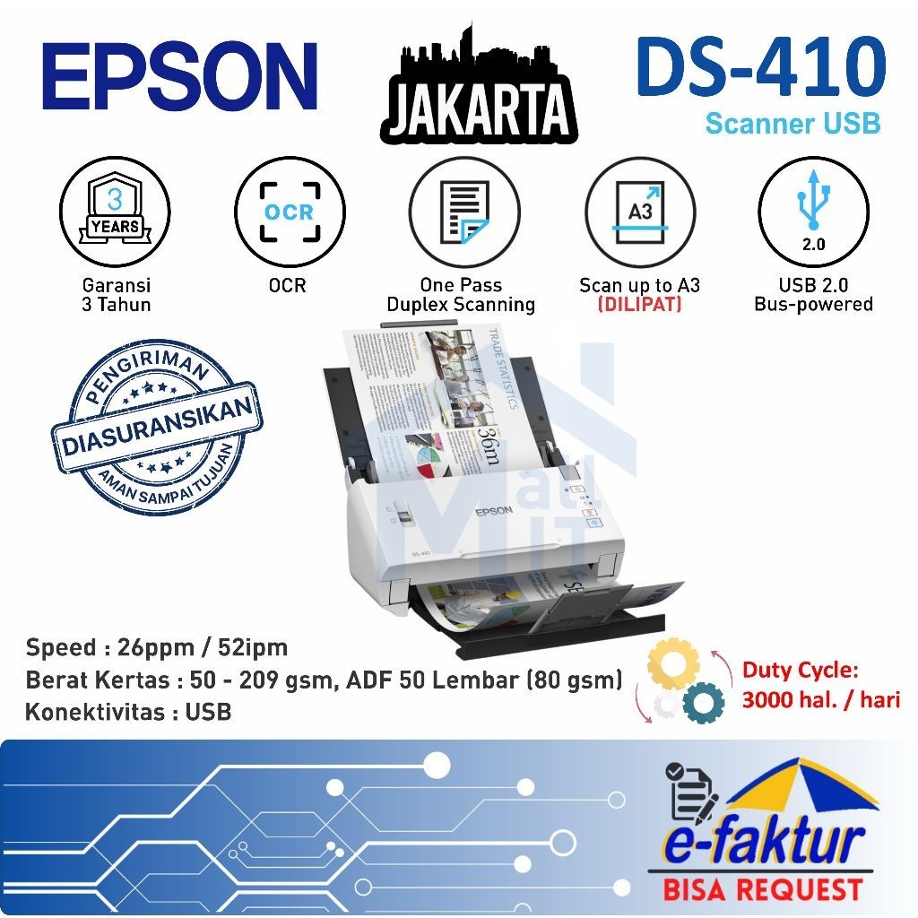 MALLIT EPSON Scanner Epson DS-410 DS410 DS 410 A4 F4 Legal Duplex ADF USB A3 (Dilipat) Garansi Resmi
