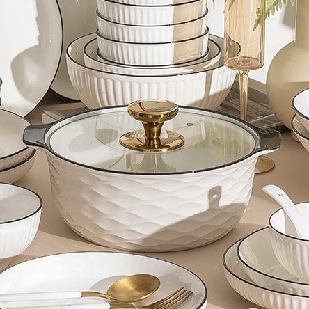 dazzling monokrom panci saji keramik 2.3L tutup kaca elegan tahan panas cocok untuk hidangan