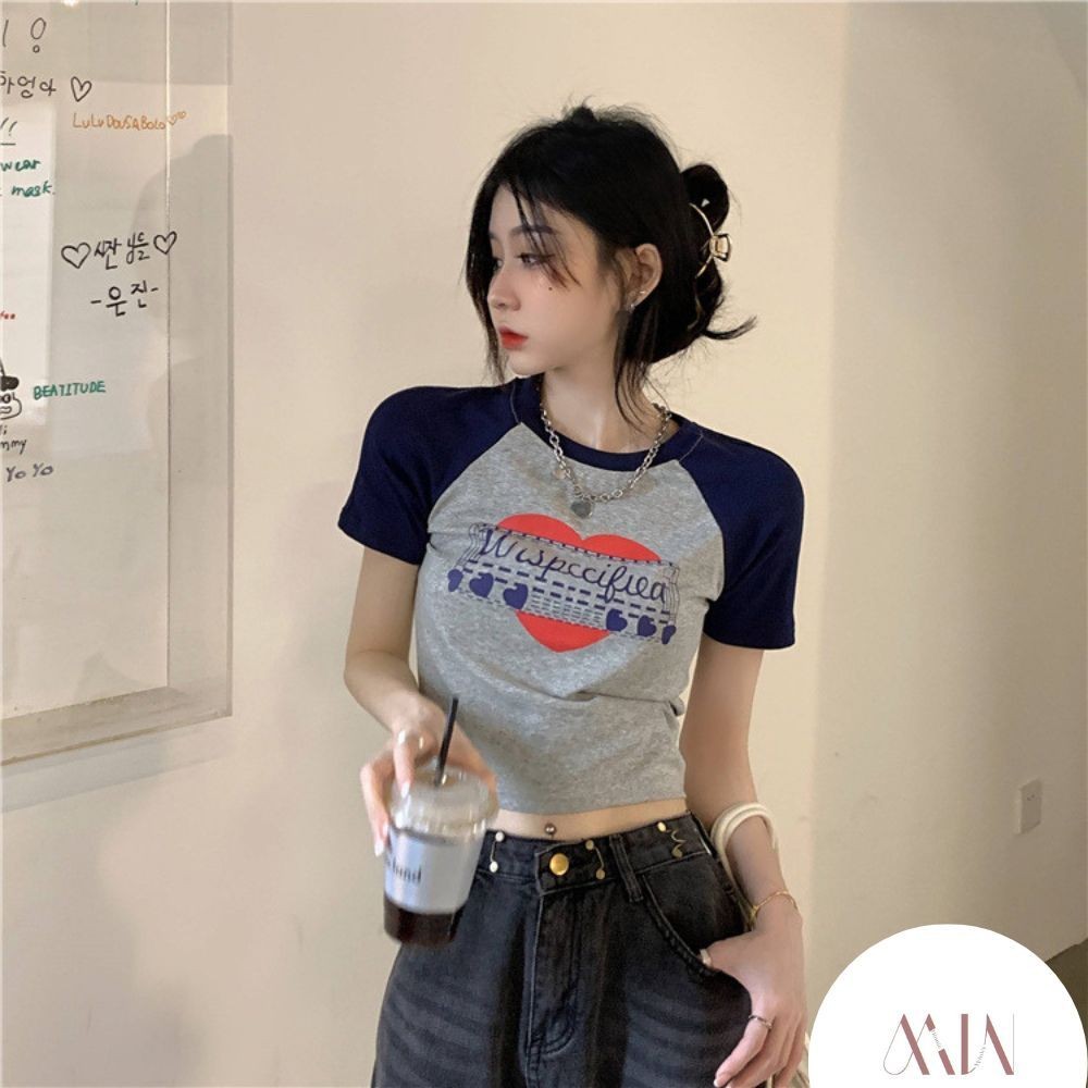 GK - KAOS LENGAN PENDEK WANITA BAJU ATASAN CROP TOP KETAT PRINT RETRO