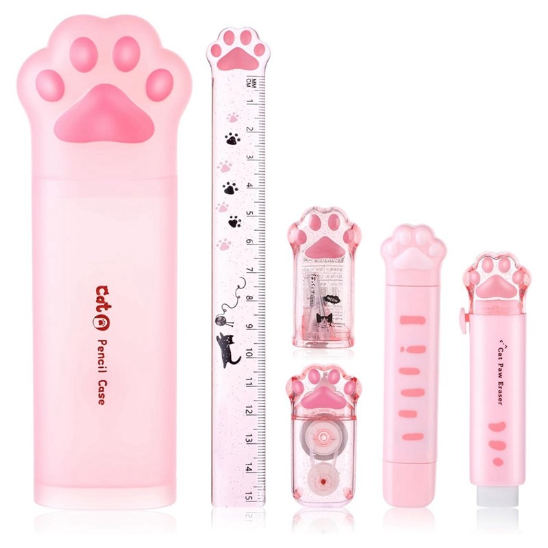 

Cute Cat Paw Stationery Set, 6 Pcs Kawaii Cat Stationary Kit Pencil Sharpener Retractable Eraser Correction Tape Ruler Pink