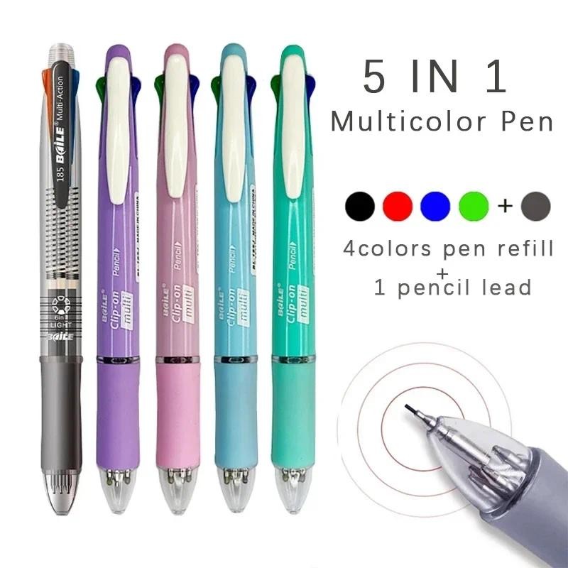 

5 In 1 Multicolor Ballpoint Pens 4 Colors Ball Pen 1 Automatic Pencil With Eraser For School Office Writing Supplies Stationery