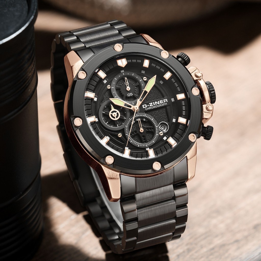 Original Dziner Jam Tangan Pria Dziner 9065 Rantai Stainless Steel Original Water Resistant 50M