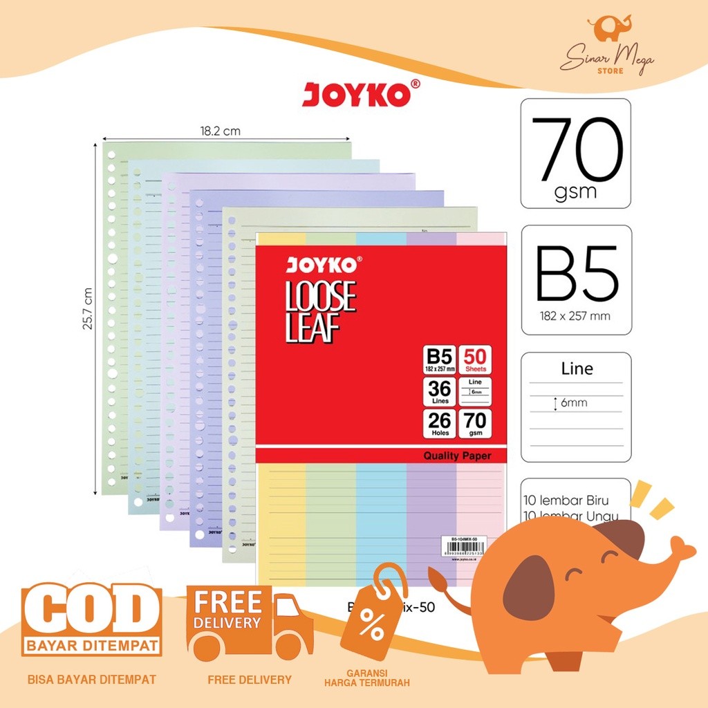 

Joyko Loose Leaf B5-104 MIX- 50 Sheets / Isi Kertas File Binder Warna Joyko