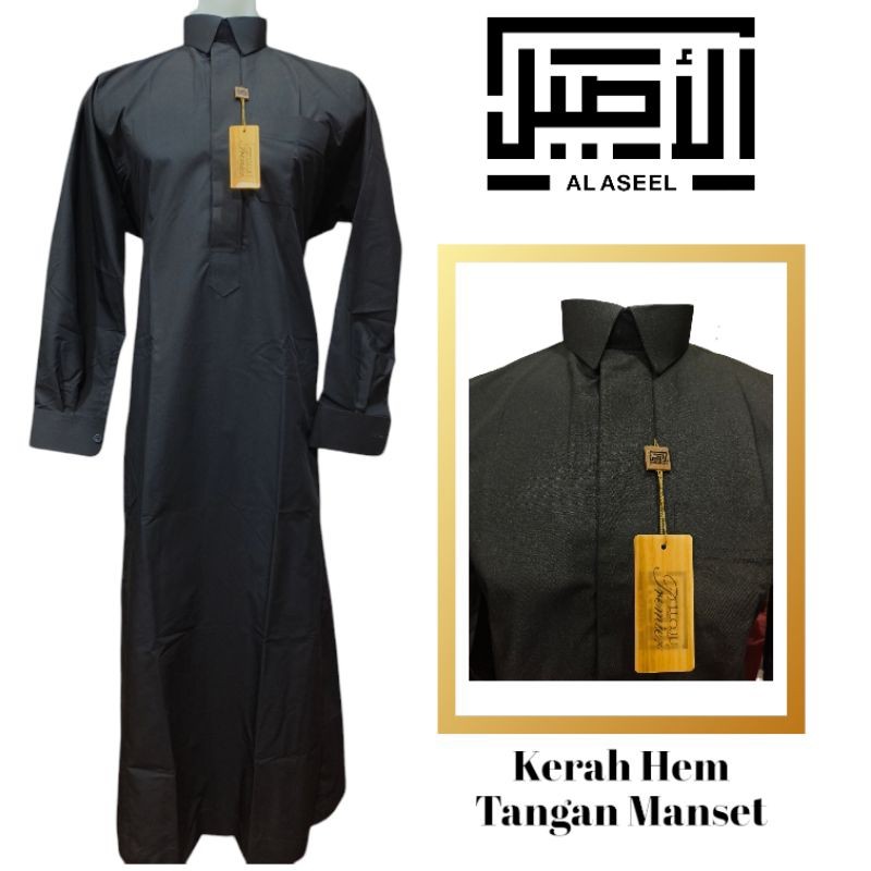Busana Muslim Jubah Gamis Polykatun AL ASEEL - PREMIER  Manset Laki Pria Hitam Polos Berkerah Lipat 