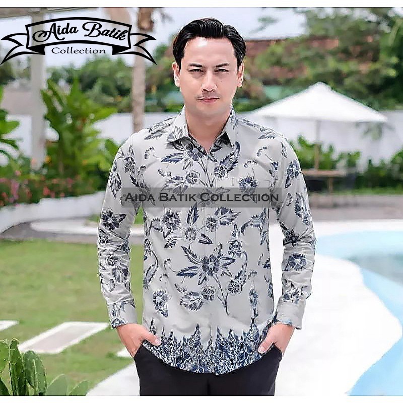 kemeja atasan baju batik lengan panjang pria modern slimfit kasual kerja cowok warna abu navy hem co