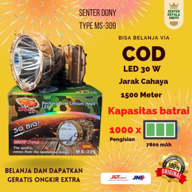 PROMO 6.6 SALE Senter Kepala Dony MS-309 MS 309 30W 30 Watt Original So Big Bonus Tripod Led Putih K