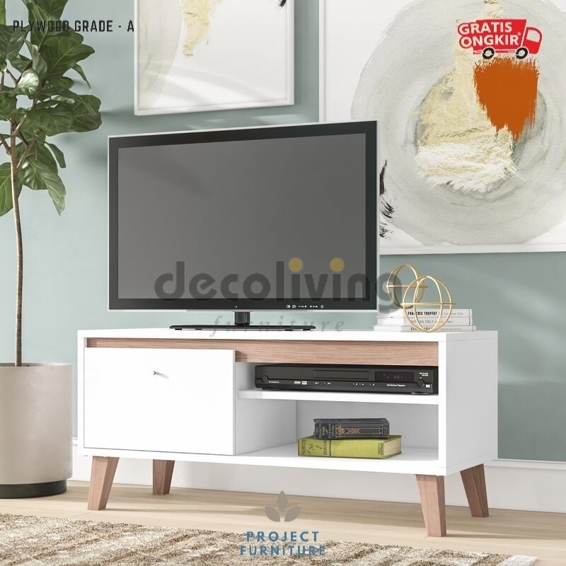 Decoliving Celeste - Meja TV / Rak TV Minimalis Modern 100 Cm Maks TV 43" Scandinavia Putih - Coklat