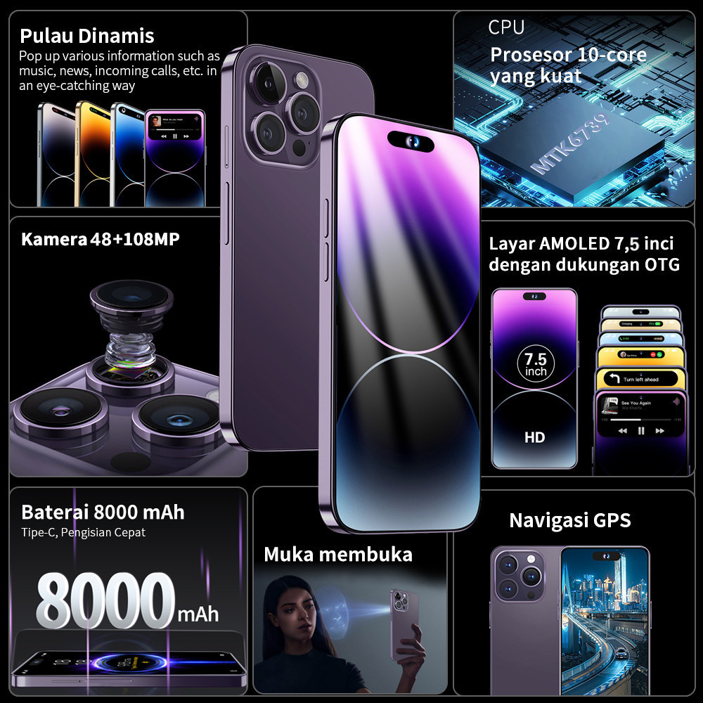 【Bisa COD】hp murah cuci gudang Asli I15ProMax 7.5'' HD 5G Handphone Android Ram besar 16G +1TB Dual 