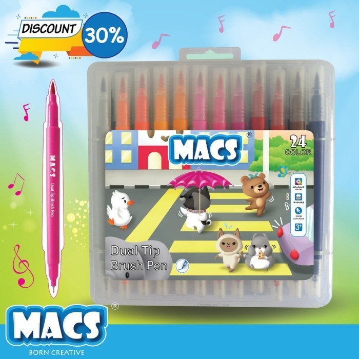 

58FED~ Best Quality Spidol MACS Dual Tip Brush Pen Marker Color 24 Warna