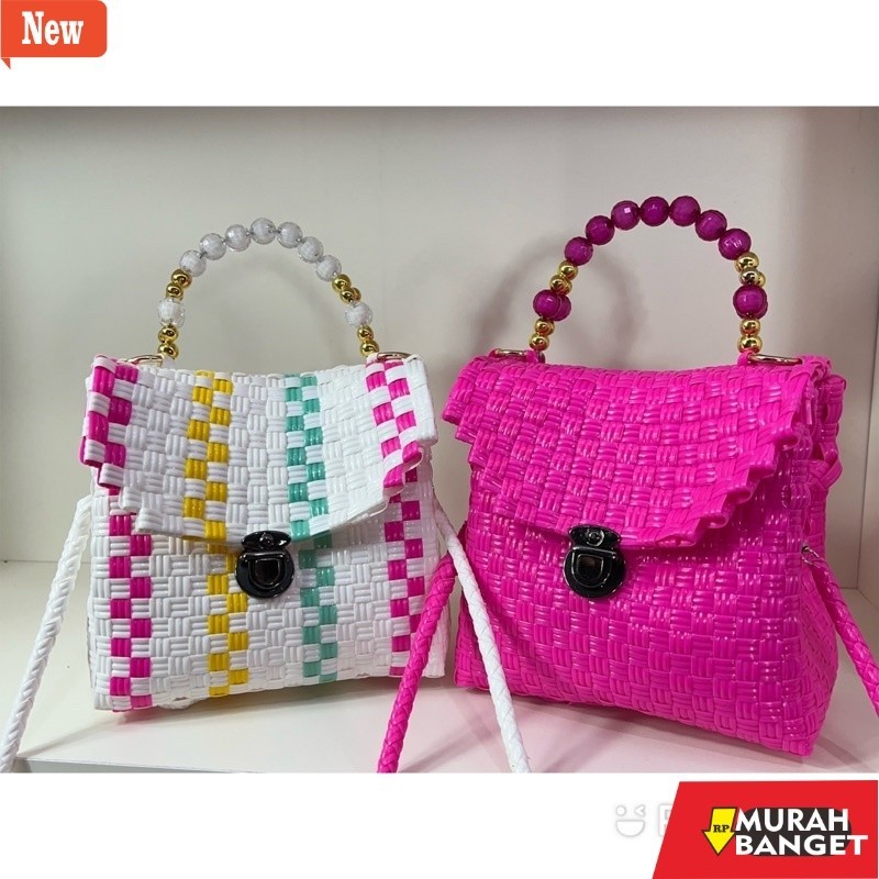 tas jinjing wanita (FREE RAINBOW) MONIC BAG Tas Jali Jaly Tas Anyaman Plastik Premium Mini Handle Mu
