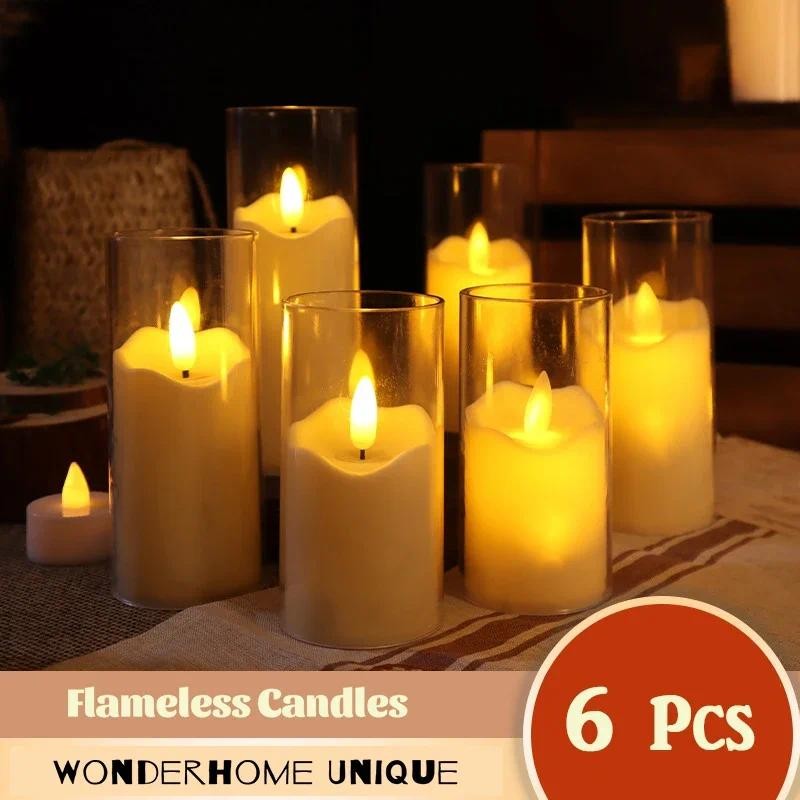 

6Pcs Led Flameless Electric Candles Lamp Acrylic Glass Battery Flickering Fake Tealight Candle Bulk for Wedding Christmas