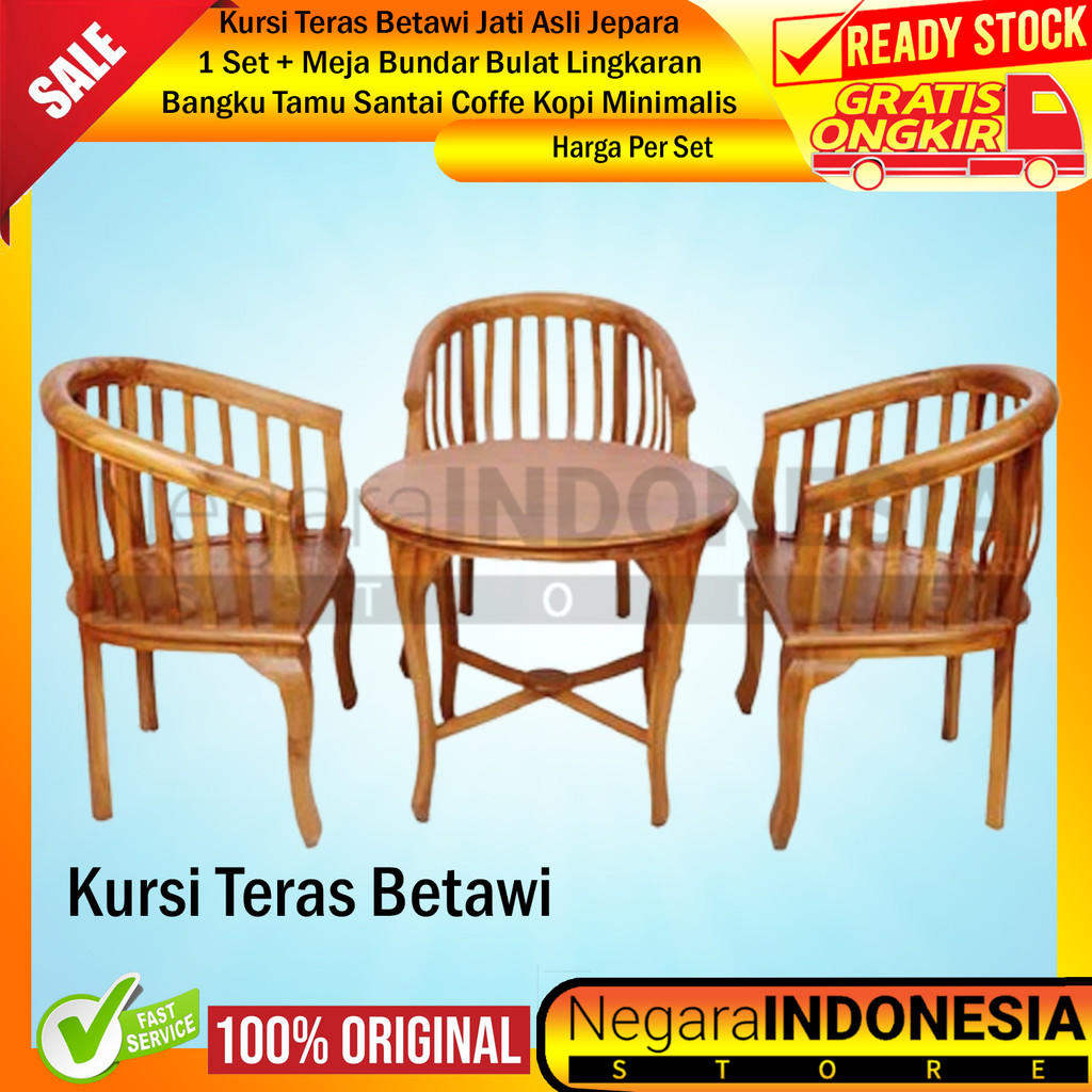 Kursi Teras Betawi Jati Asli Jepara 1 Set + Meja Tamu Mangkok Bundar Bulat Lingkaran Bangku Santai C
