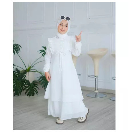 Gamis anak putih hitam perempuan 6-12 thn ceruty set pashmina tearu - M, Putih