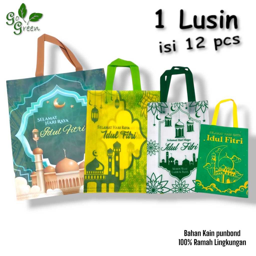 

1 Lusinan isi 12 pcs Tas Kain Spunbond Goodie Bag Sablon Tulisan Lebaran Idul Fitri 2025 Ukuran Jumbo, Besar, Kecil 25x35x8 30x40x10 38x45x10 cm Untuk Kantong tile Souvenir Bingkisan Belanja Sembako Goody Tote Paper Bag Parcel Kue Kering Mukena Termurah