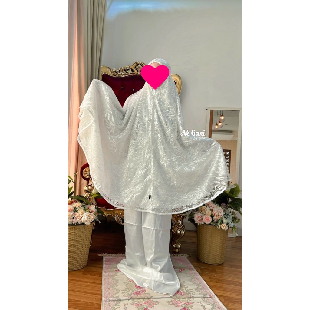 Mukena RAMADHAN Snow White brukat mewah Terbaru By AL GANI dengan berukat mewah Terbaru / Mukena Sul