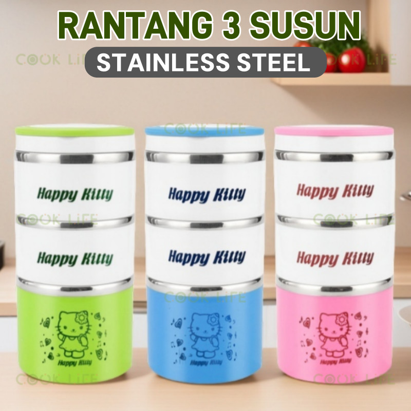 Rantang 3 Susun Hello Kitty 1400 ml Stainless Steel Lunch Box Three Storey Triple Layer Insulated Lu