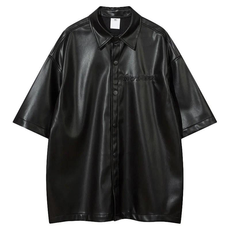 Yprs Men's Wear American Style Street Pu Leather Short Sleeve Shirt Loose Fit Niche Basic Shirt Tren
