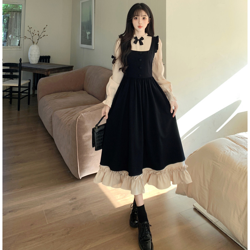 Gaun Panjang Gaya Pengadilan Victoria  Maxi Dress Wanita black gothic lolita Dress