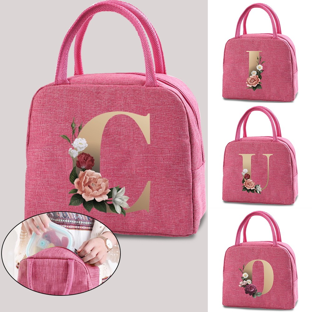 Cooler Bags Portable Zipper Thermal Gold Initials Letter Print Lunch Bags for Women Convenient Lunch