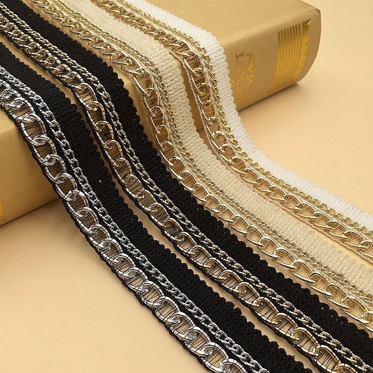 

2Yards White Black Beaded Cotton Embroidered Aluminum Chain Crochet Woven Lace Trim Fabric Handmade DIY Sewing Craft Ribbons