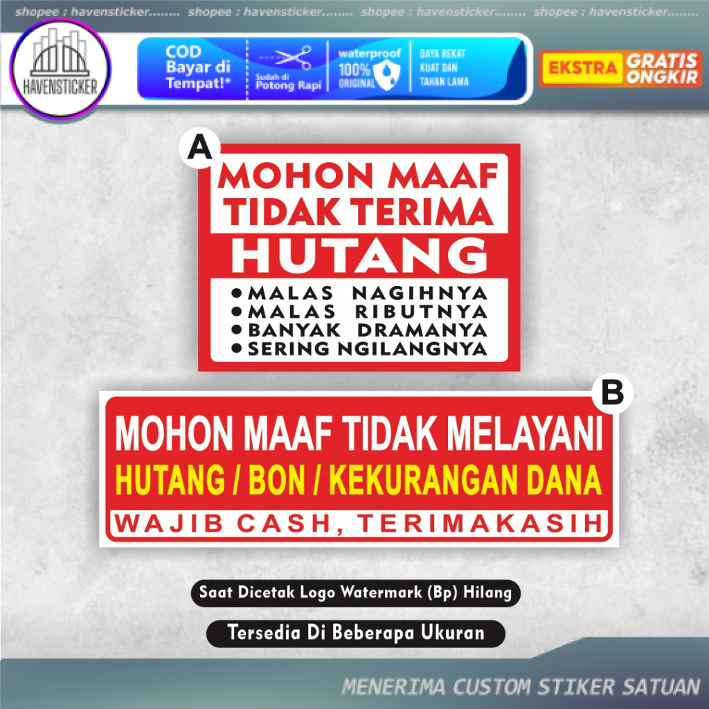 

Stiker Dilarang Hutang - Stiker Tidak Melayani Hutang - Stiker Nunggak - Dilarang Nunggak - Dilarang Kasbon