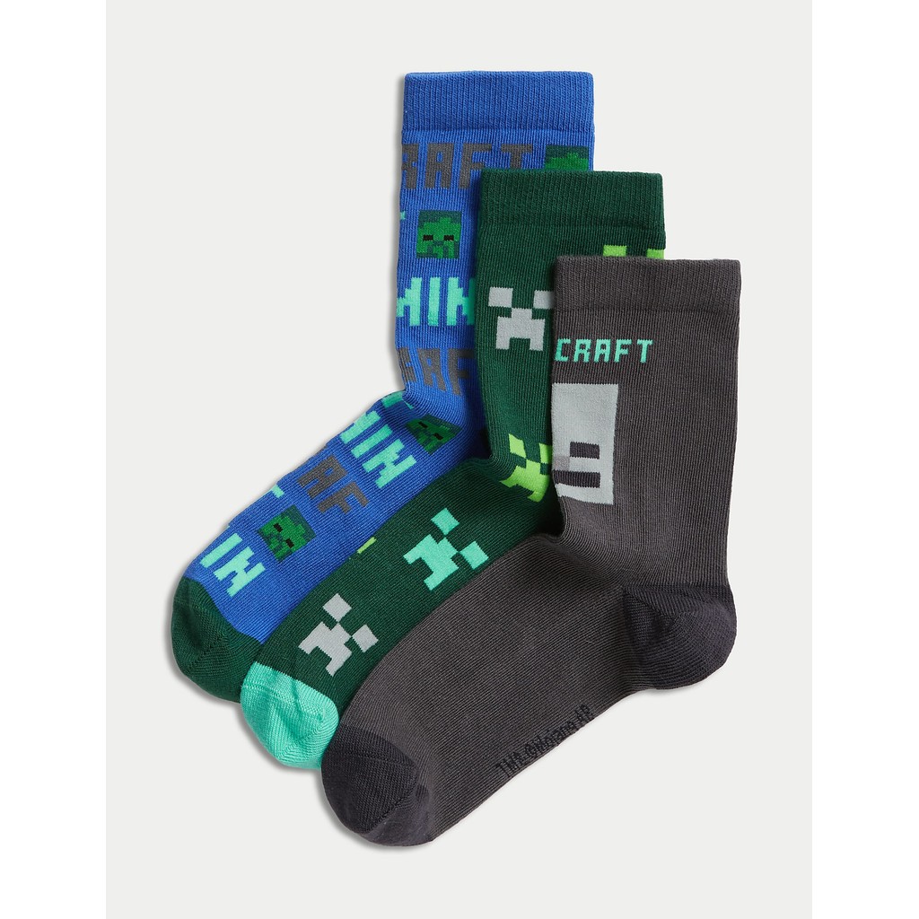 M&S - Kaos Kaki Anak - 3pk Cotton Rich Minecraft Socks