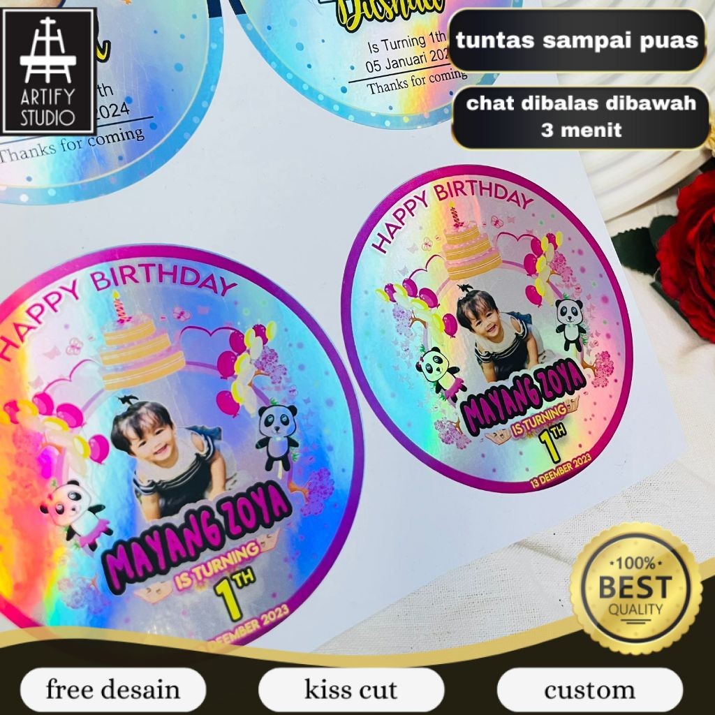 

Artify 2-4 Stiker Hologram Ulang Tahun Taun Anak Bentuk Bulat Label Ultah Sticker Happy Birthday