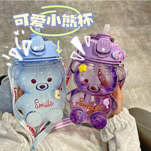 Botol Air Bear Beruang Bening  Lucu dengan Tali Jerami/ Cangkir Teh Gelembung Susu Kapasitas Besar B