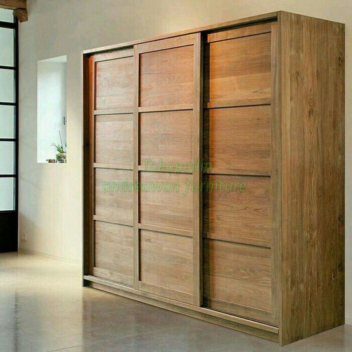 Lemari Minimalis Sleding Kayu Jati Pintu 3 Geser - Mebel ukir Jepara