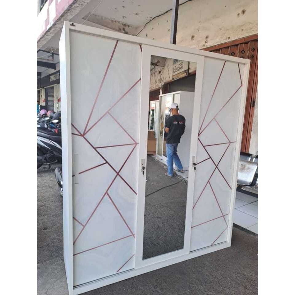 LEMARI PAKAIAN SLIDING FULL PLAT BESI MINIMALIS 3 PINTU GESER/LEMARI ASENCIO CERMIN