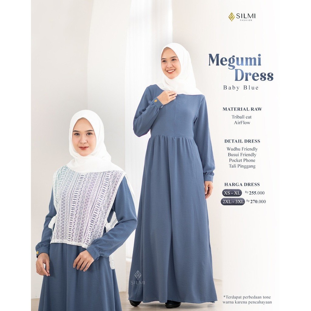 Baju Muslim Gamis Wanita Dewasa Korean Style Hijabers Simple Set Outer Silmi Megumi Dress Baby Blue