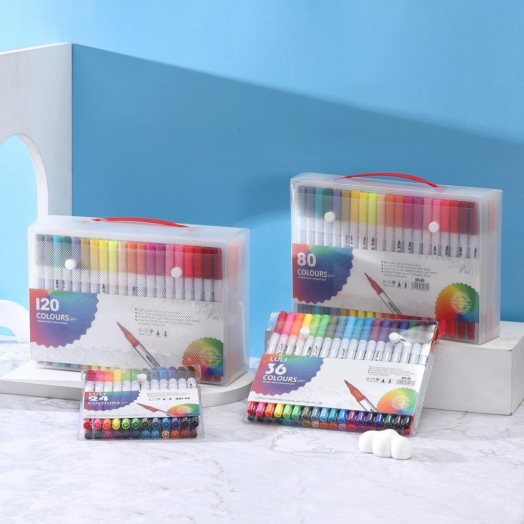 

[Gongjin] 1 Set Double Tip Brush Pen Spidol Warna Set 12 24 Spidol Brush Pen 2 Tips Spidol Set Marker Drawing Pen