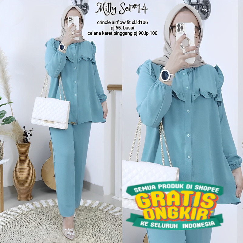 Ramdan Official 002 - Setcel Rayon Crinkle Airflow Milly 2 One Set Variant Dusty Pink Stelan Wanita 