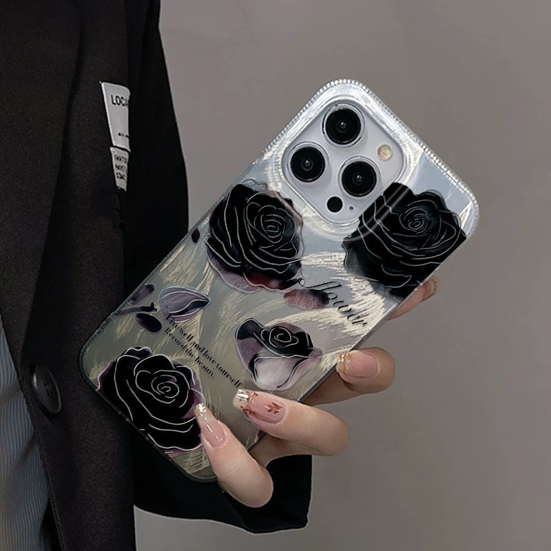 Premium Mewah hologram gleam hard Case Aesthetic casing hp IP 15 Pro max Mawar hitam bunga bunga Cas