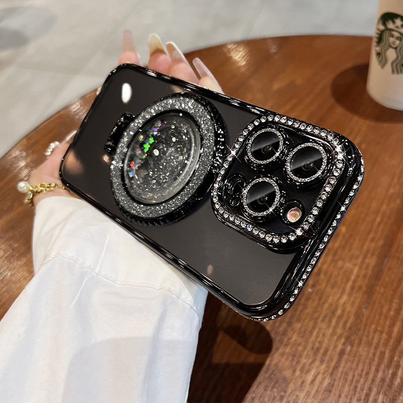 Case iphone 15 14 13 12 11 Pro Max 15plus premium Mewah plating Berlapis Glitter Bracket Diamond-set