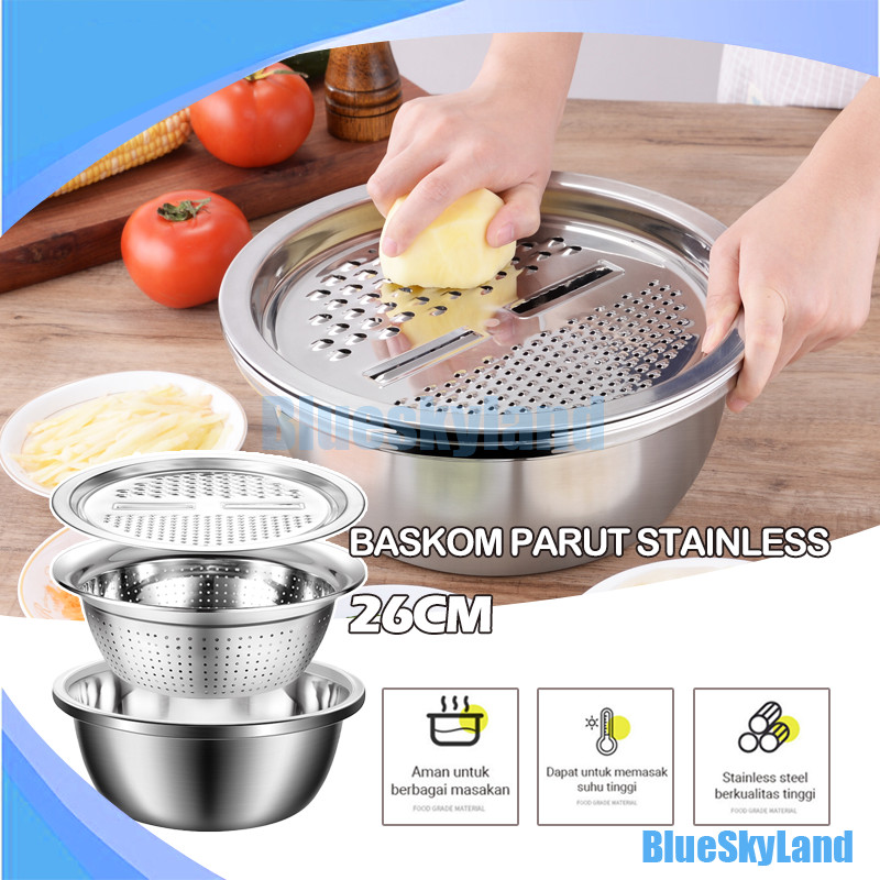 Baskom Parutan Stainless / Baskom Dapur Stainless Steel 3in1 / Baskom Parutan Stainless Steel Serbag