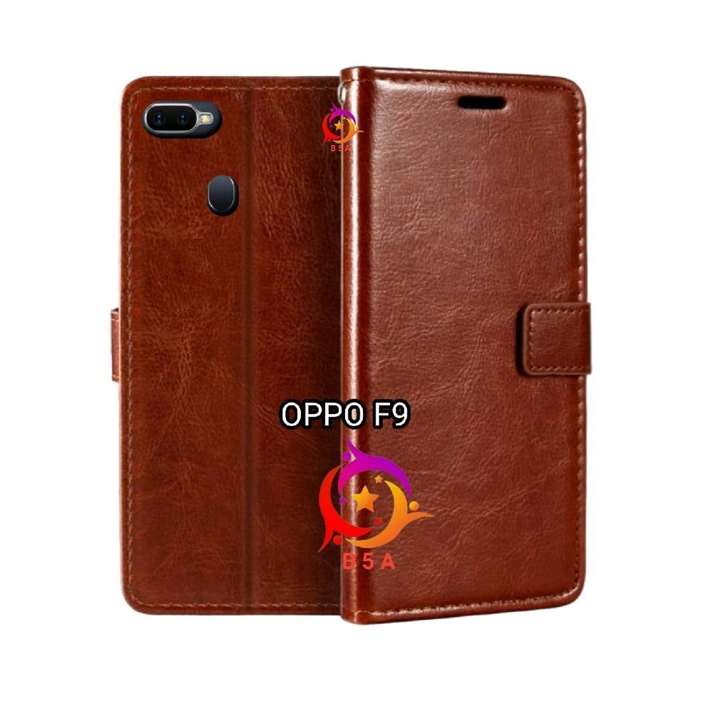 OPPO F9 Flip Cover Wallet Leather Casing Dompet Kulit ( Case Untuk F9 ) Slot Card Warna Hitam Merah 